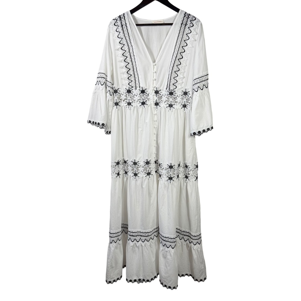 Solitaire White Black Floral Lace Embroidery Button Front Maxi Dress Womens L